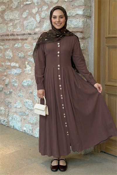 Çift Gold Düğmeli Gül Kurusu Elbise