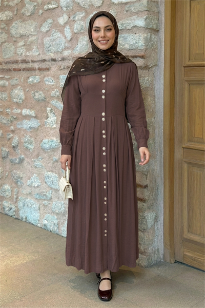 Çift Gold Düğmeli Gül Kurusu Elbise