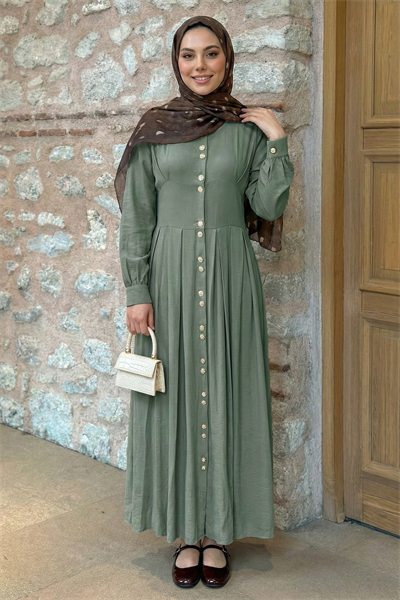 Çift Gold Düğmeli Haki Elbise