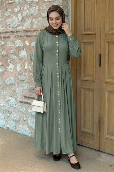 Çift Gold Düğmeli Haki Elbise