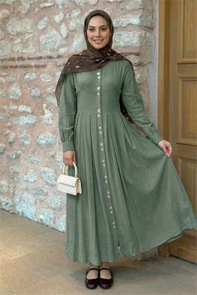 Çift Gold Düğmeli Haki Elbise