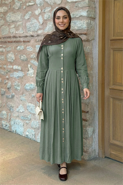 Çift Gold Düğmeli Haki Elbise