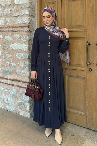 Çift Gold Düğmeli Lacivert Elbise