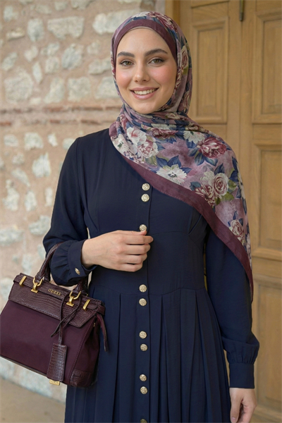 Çift Gold Düğmeli Lacivert Elbise