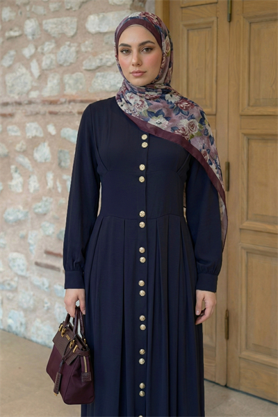 Çift Gold Düğmeli Lacivert Elbise