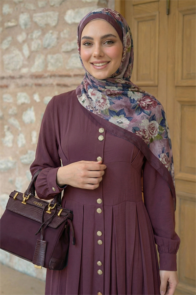 Çift Gold Düğmeli Mürdüm Elbise