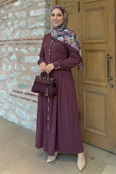 Çift Gold Düğmeli Mürdüm Elbise