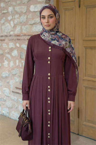 Çift Gold Düğmeli Mürdüm Elbise
