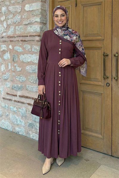Çift Gold Düğmeli Mürdüm Elbise