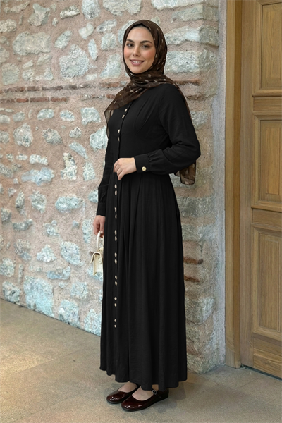 Çift Gold Düğmeli Siyah Elbise