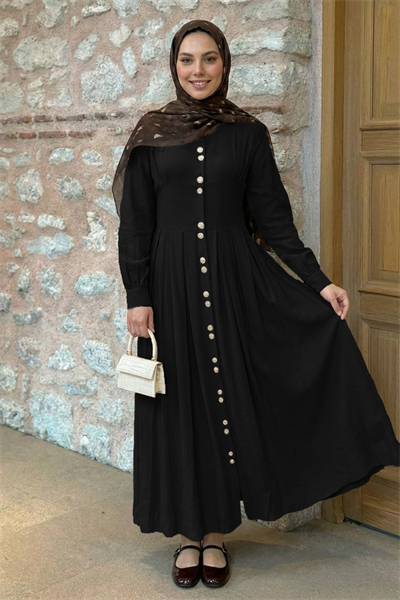 Çift Gold Düğmeli Siyah Elbise