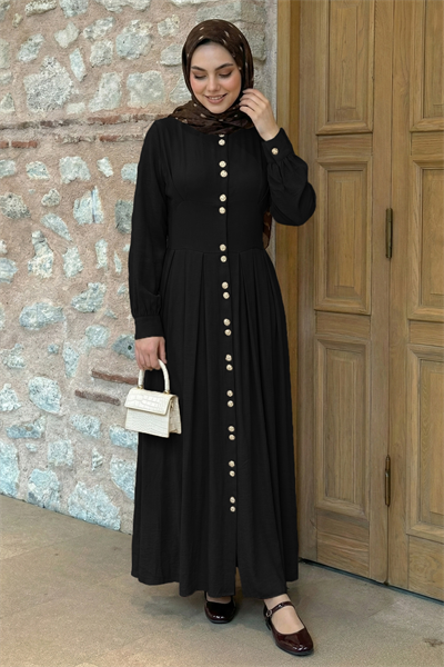 Çift Gold Düğmeli Siyah Elbise
