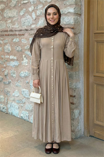 Çift Gold Düğmeli Taş Elbise