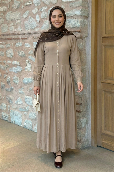 Çift Gold Düğmeli Taş Elbise