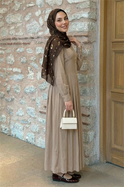 Çift Gold Düğmeli Taş Elbise