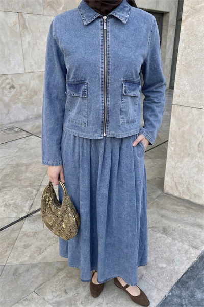 Çift Kapak Cep Fermuarlı Açık Mavi Kot Takım