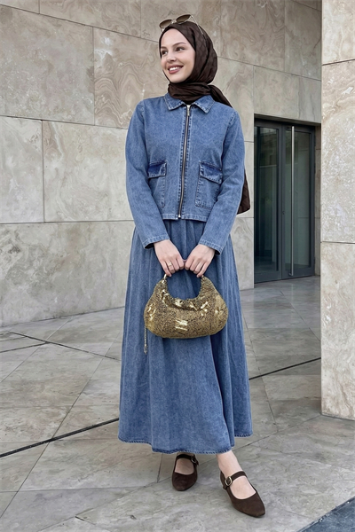 Çift Kapak Cep Fermuarlı Açık Mavi Kot Takım