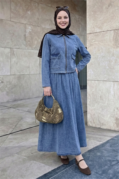 Çift Kapak Cep Fermuarlı Açık Mavi Kot Takım