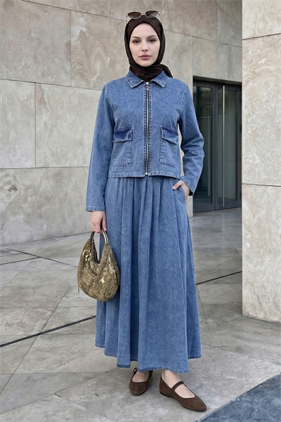 Çift Kapak Cep Fermuarlı Açık Mavi Kot Takım