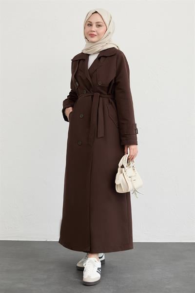 Çift Kapaklı Kuşaklı Acı Kahve Trençkot