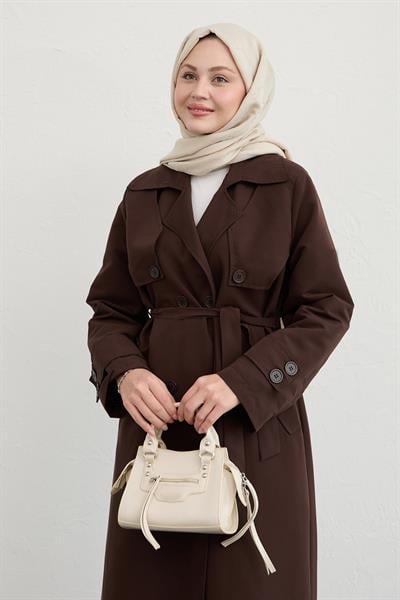 Çift Kapaklı Kuşaklı Acı Kahve Trençkot