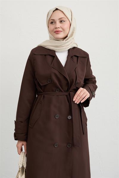 Çift Kapaklı Kuşaklı Acı Kahve Trençkot
