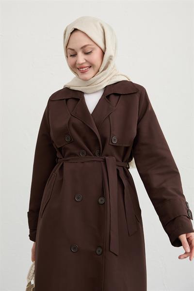 Çift Kapaklı Kuşaklı Acı Kahve Trençkot