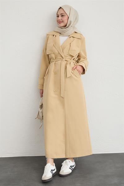 Çift Kapaklı Kuşaklı Bej Trençkot
