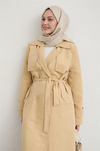 Çift Kapaklı Kuşaklı Bej Trençkot