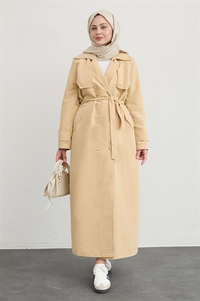 Çift Kapaklı Kuşaklı Bej Trençkot