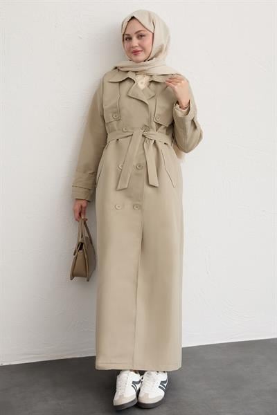 Çift Kapaklı Kuşaklı Krem Trençkot