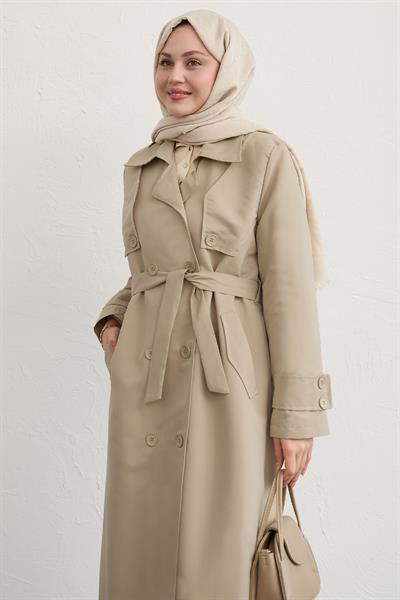 Çift Kapaklı Kuşaklı Krem Trençkot