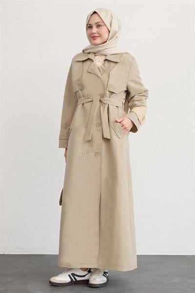Çift Kapaklı Kuşaklı Krem Trençkot