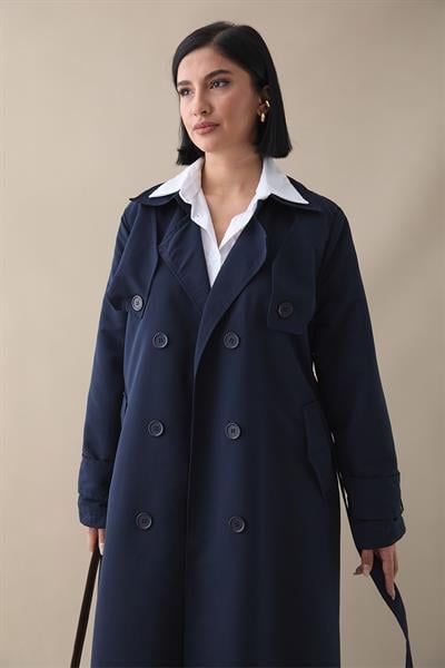 Çift Kapaklı Kuşaklı Lacivert Trençkot