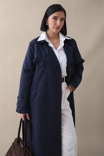 Çift Kapaklı Kuşaklı Lacivert Trençkot