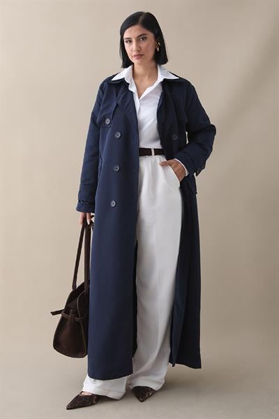 Çift Kapaklı Kuşaklı Lacivert Trençkot