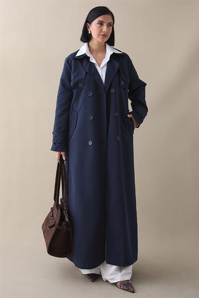 Çift Kapaklı Kuşaklı Lacivert Trençkot