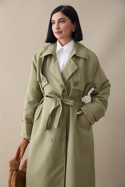Çift Kapaklı Kuşaklı Mint Yeşili Trençkot