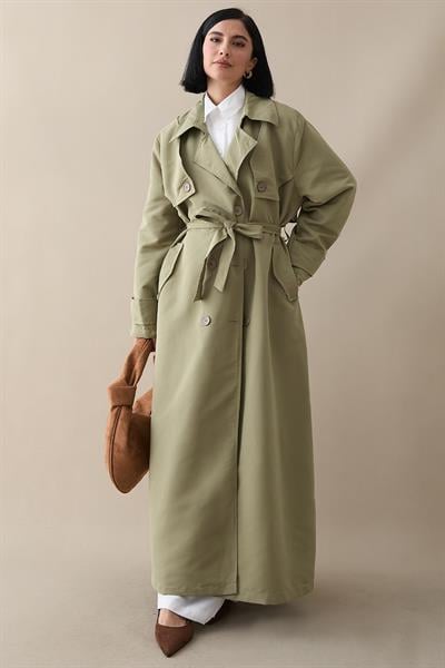 Çift Kapaklı Kuşaklı Mint Yeşili Trençkot