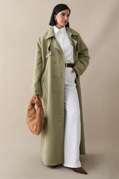 Çift Kapaklı Kuşaklı Mint Yeşili Trençkot