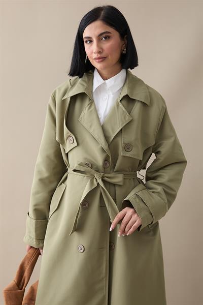 Çift Kapaklı Kuşaklı Mint Yeşili Trençkot