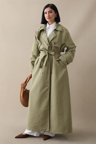 Çift Kapaklı Kuşaklı Mint Yeşili Trençkot