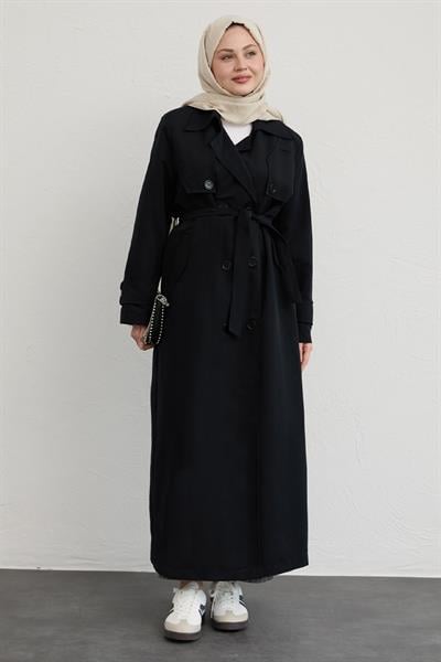 Çift Kapaklı Kuşaklı Siyah Trençkot