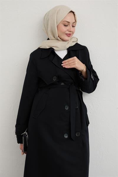 Çift Kapaklı Kuşaklı Siyah Trençkot