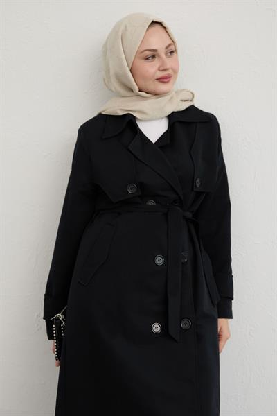 Çift Kapaklı Kuşaklı Siyah Trençkot