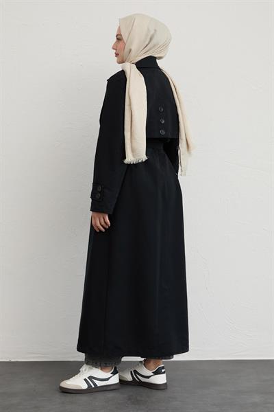 Çift Kapaklı Kuşaklı Siyah Trençkot