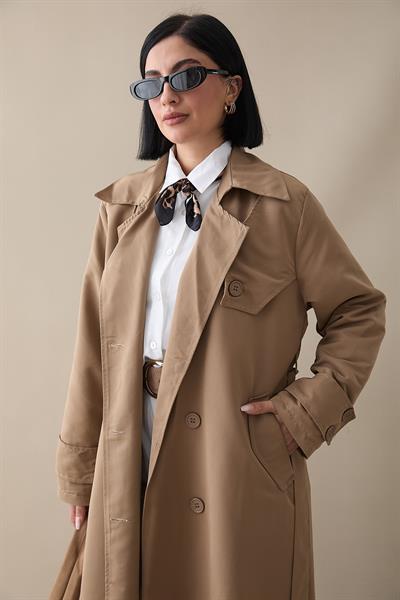 Çift Kapaklı Kuşaklı Sütlü Kahve Trençkot