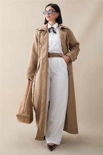 Çift Kapaklı Kuşaklı Sütlü Kahve Trençkot