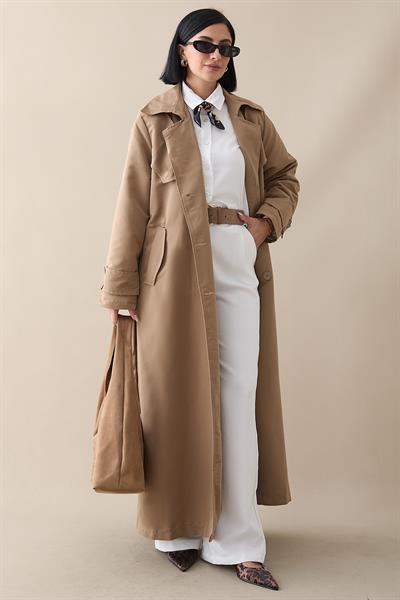 Çift Kapaklı Kuşaklı Sütlü Kahve Trençkot