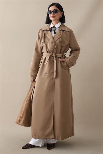 Çift Kapaklı Kuşaklı Sütlü Kahve Trençkot
